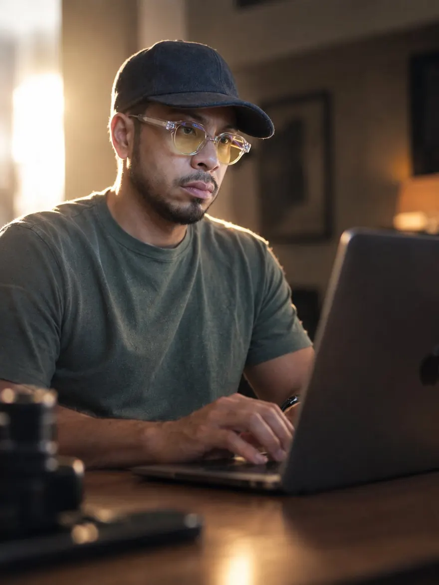 Chris Dela Cruz writing at his laptop at home